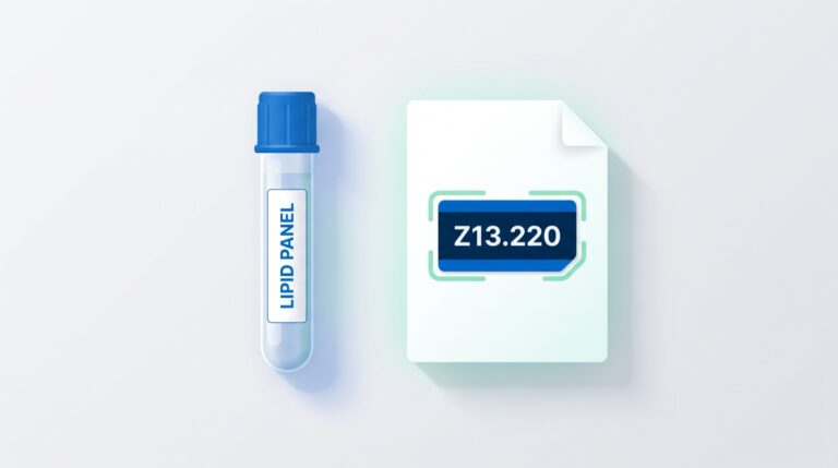 Lipid panel blood tube beside a medical claim showing ICD-10 code Z13.220 for lipid disorder screening