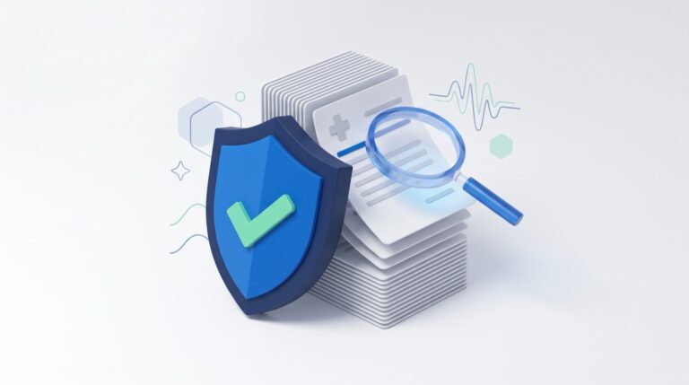 Compliance shield with checkmark and magnifying glass auditing a medical claim, representing CMS anti-fraud audit readiness for behavioral health billing
