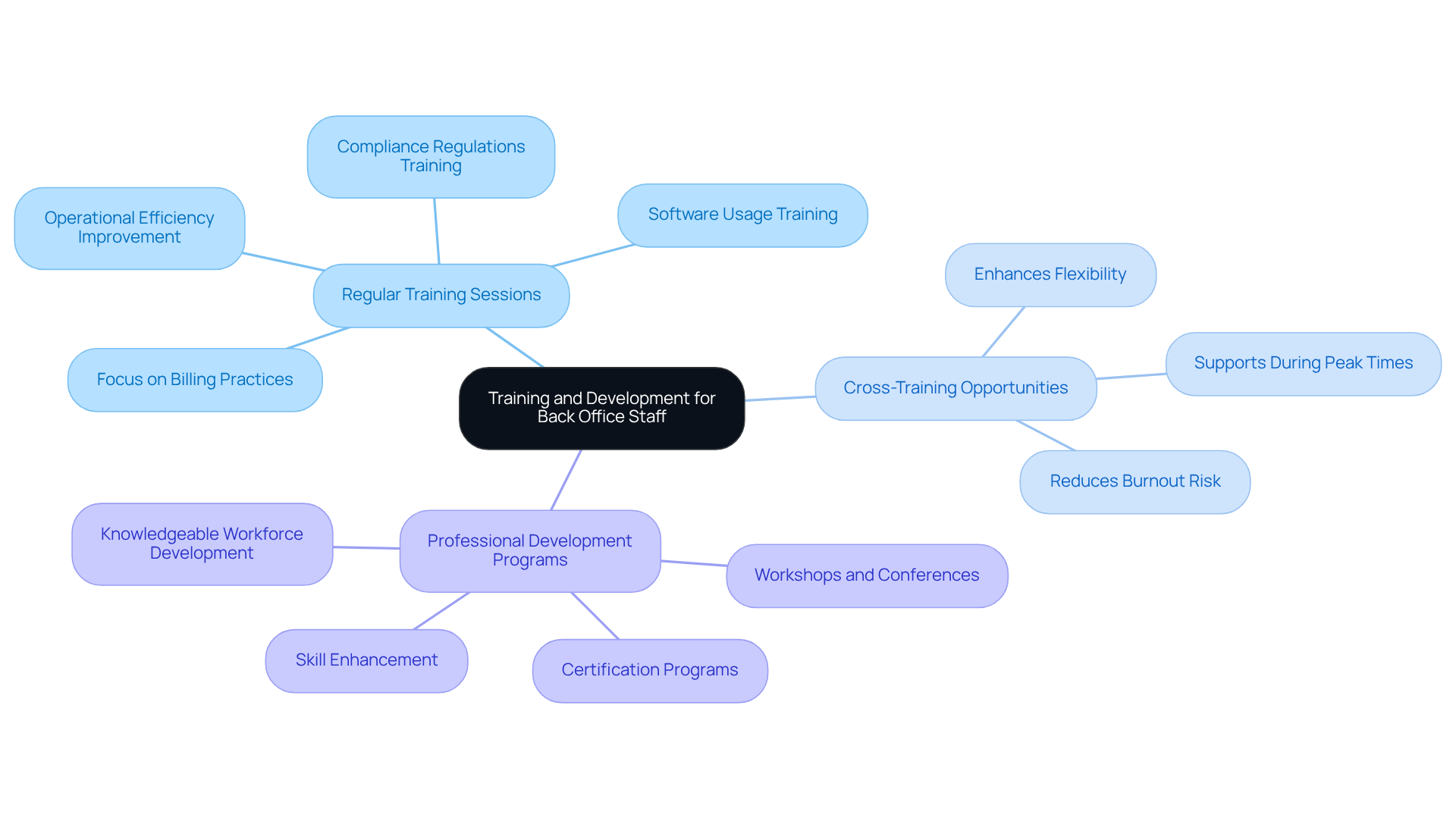 The center represents the main focus on training and development. Each branch shows a different strategy, and the sub-branches provide more details on actions or benefits related to that strategy. This layout helps visualize how each strategy contributes to the overall goal of optimizing healthcare operations.