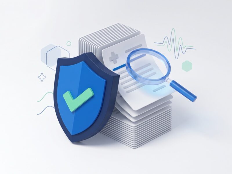 Compliance shield with checkmark and magnifying glass auditing a medical claim, representing CMS anti-fraud audit readiness for behavioral health billing