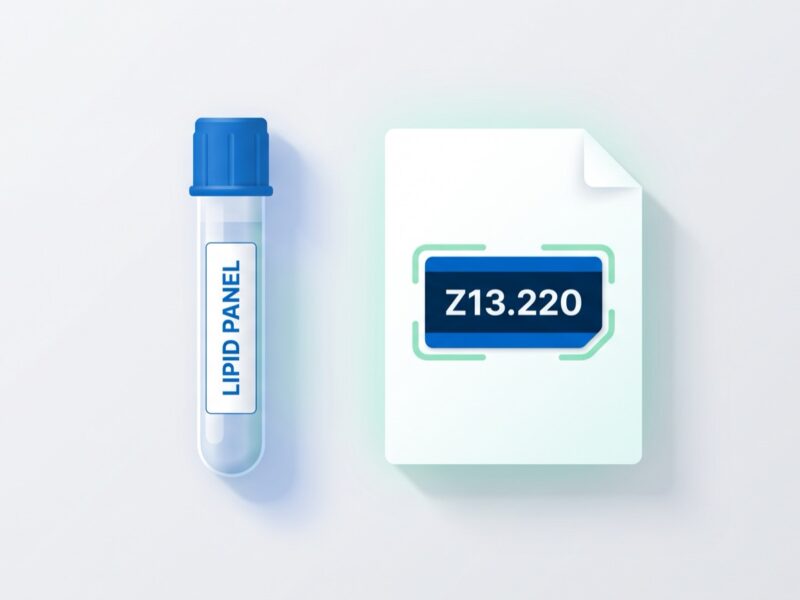 Lipid panel blood tube beside a medical claim showing ICD-10 code Z13.220 for lipid disorder screening
