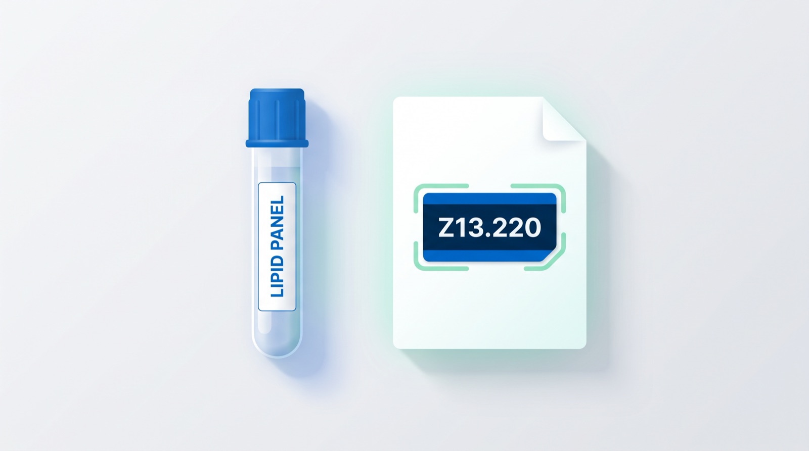 Lipid panel blood tube beside a medical claim showing ICD-10 code Z13.220 for lipid disorder screening