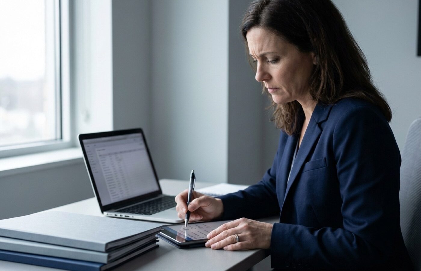 Physician credentialing specialist reviewing payer enrollment paperwork