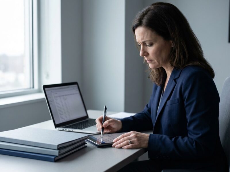Physician credentialing specialist reviewing payer enrollment paperwork