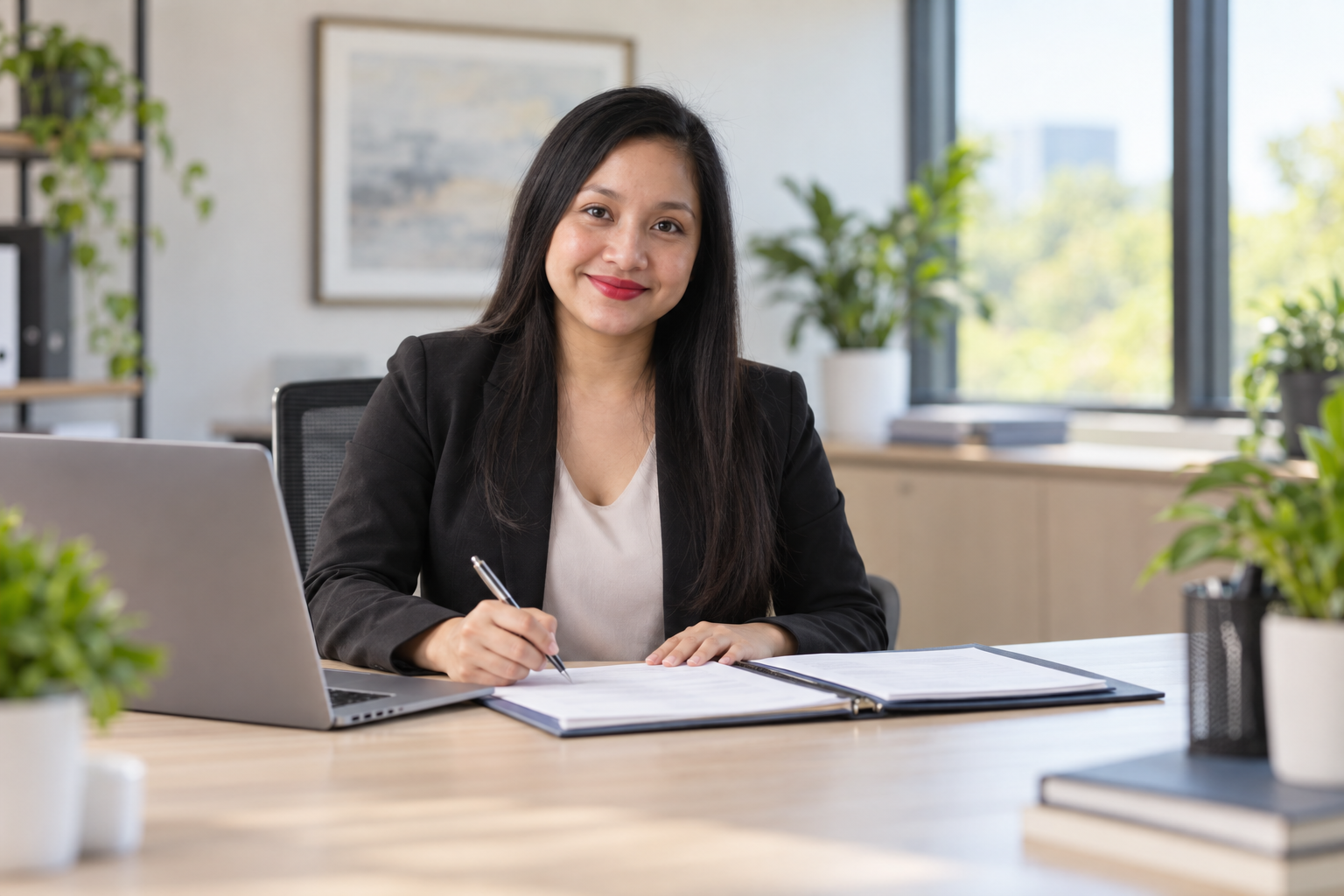 Joy Rodriguez, Credentialing Specialist, working at a desk with a laptop and open binder
