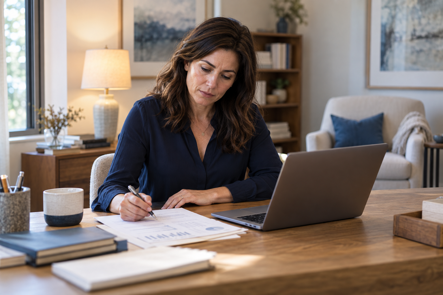 A practice owner thoughtfully reviewing financial reports at her office desk
