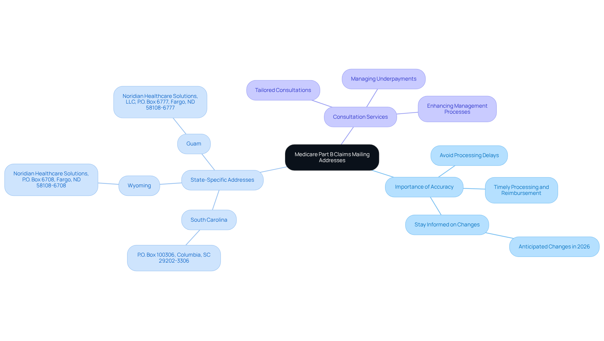 This mindmap starts with the main topic in the center and branches out to show why accuracy is important, where to send claims based on state, and how our consultation services can help. Each branch represents a key area related to Medicare claims, making it easy to understand the connections.