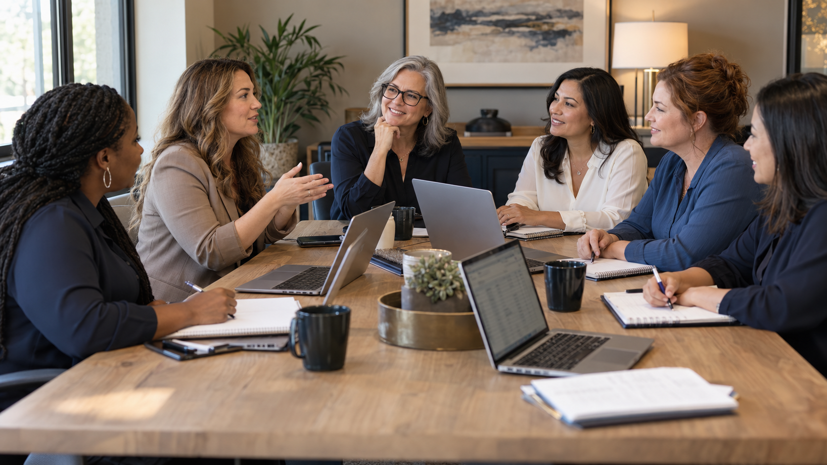 Professional women collaborating around a conference table